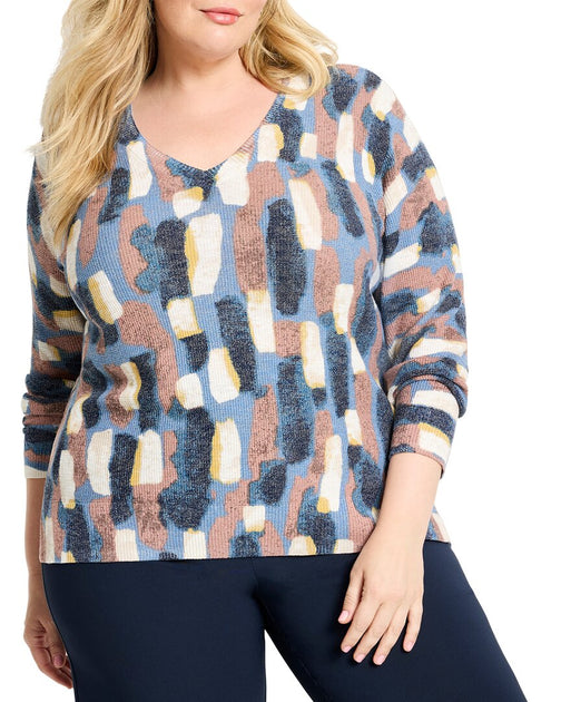 Nic + Zoe Plus Brushstrokes Waffle V-Ausschnitt Pullover Multi XXL 2