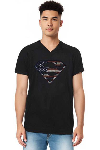 Gildan Superman War-Torn Flag V-Ausschnitt T-Shirt Schwarz Large 4