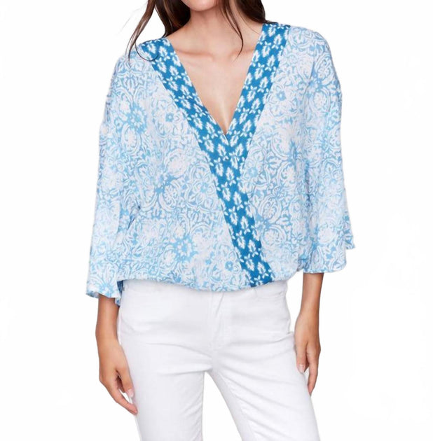 Charlie B Printed Overlap Blouse Blue XS 2