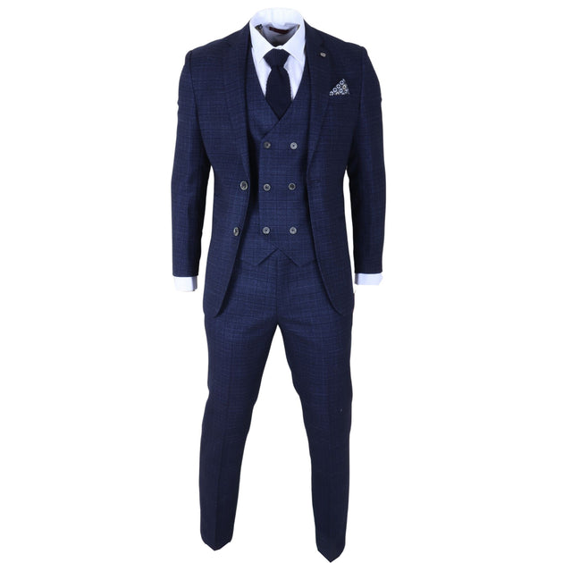 Infinity Men's Blue Plain Check 3 Piece Slim Fit Formal Wedding Suit Blue US 46 Regular 4