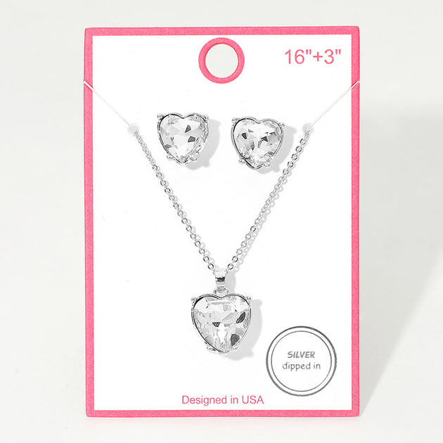 FASHNZFAB Heart Stone Cluster Pendant Necklace Silver 2