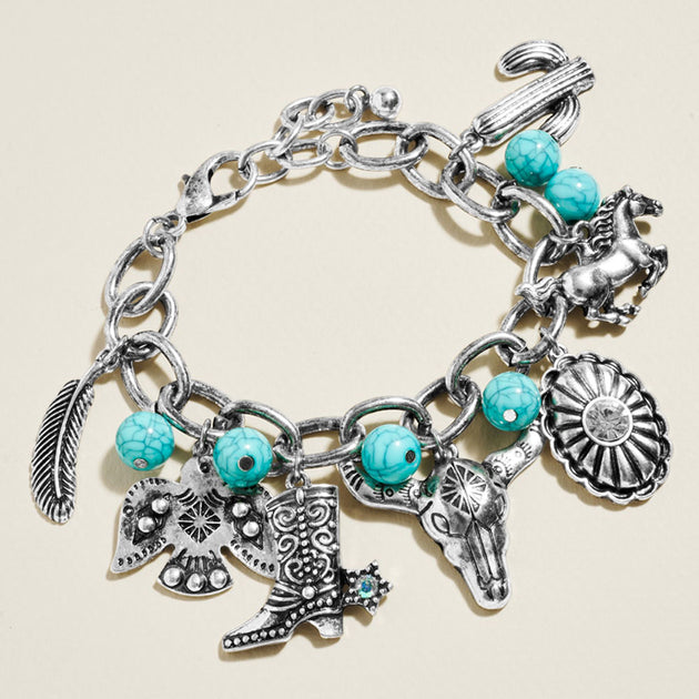 FASHNZFAB Boho Western Cowboy Boot Charm Station Bracelet Silver Blue One Size 2