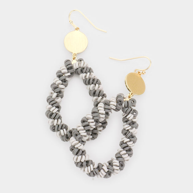 FASHNZFAB Heishi Beaded Open Teardrop Dangle Earrings Gray Silver 2