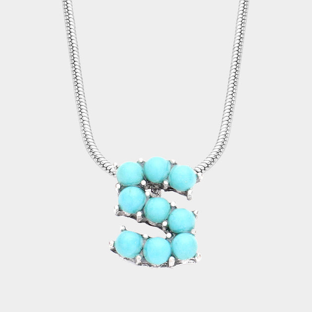 FASHNZFAB S Natural Stone Initial Pendant Necklace Blue 3