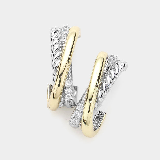 FASHNZFAB Half Hoop Earrings Two Tone Silver 3