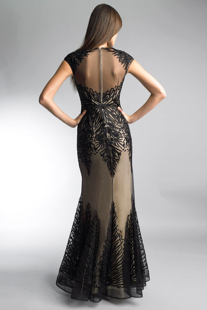BASIX BLACK LABEL Cap Sleeve Gown With Sheer Elements Black US 0 3