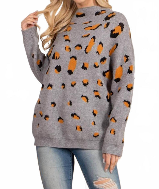 CY Fashion Turtle Neckline Leopard Pull Gris Small 2