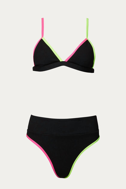 SOMLYFE Color-Block Triangle High-Leg Bikini Set Black Small 2