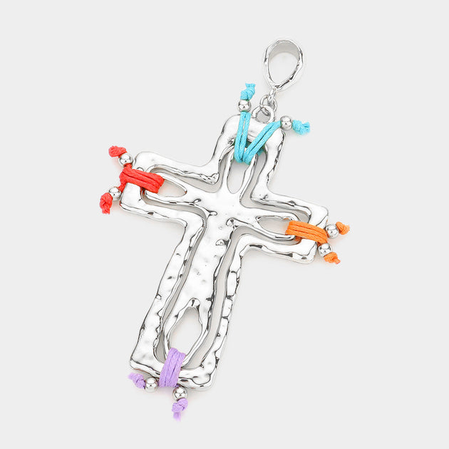 FASHNZFAB Hammered Metal Cross Pendant Set Blue 3