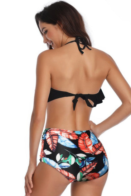 TRUEDAMES Halter Ruffle High Waisted Leaves Print Swimsuit Pink Medium 3