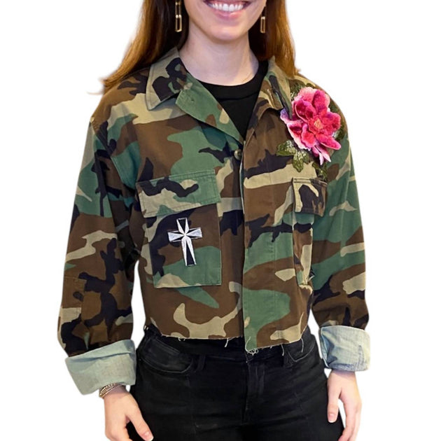 Josie Bruno Vintage Flower Applique Army Jacket Green Large 2