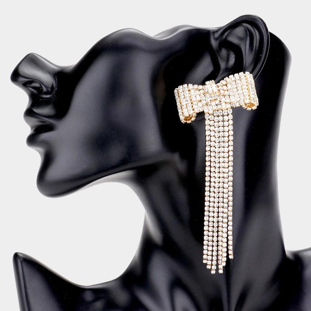 FASHNZFAB Bow Accented Rhinestone Long Drop Earrings Multi 6
