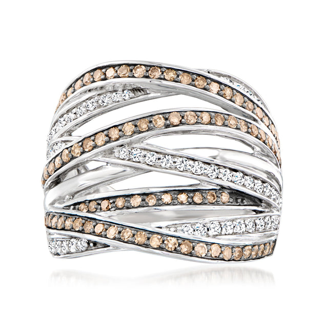 Ross-Simons Brown and White Diamond Highway Ring Sterling Silver US 9 2