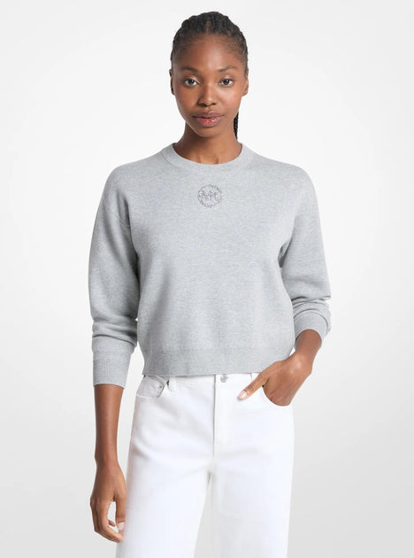 Michael Kors Embellished Logo Cotton Blend Sweater White XL 4