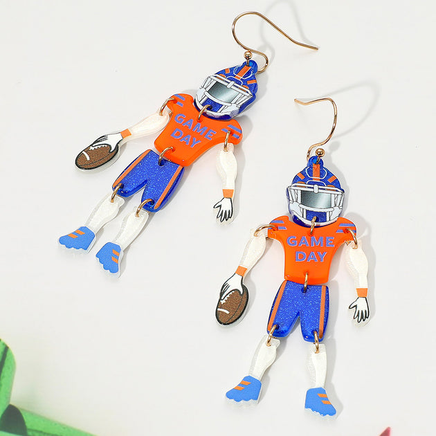 FASHNZFAB Game Day Football Player Dangle Earrings Blue/Orange 2