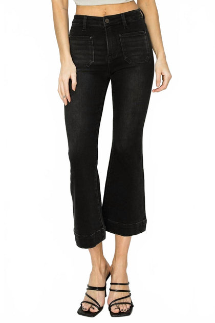 RISEN High Rise Crop Flare Patch Pocket Jeans Black 1XL 2