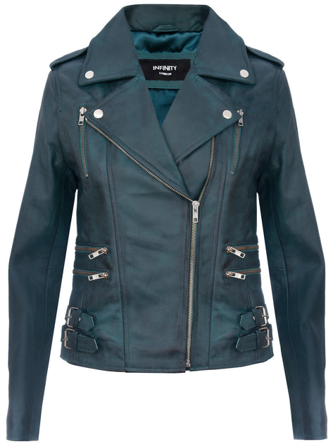 Infinity Loddon Womens Leather Biker Jacket Grey XLarge 2