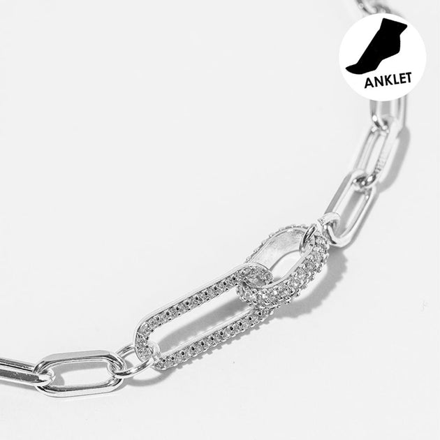 FASHNZFAB CZ Stone Paperclip Chain Anklet Silver 2