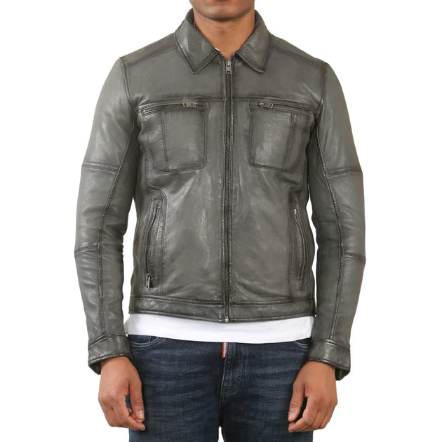 TruClothing Classic Collar Ledermotorradjacke Blau Medium 2