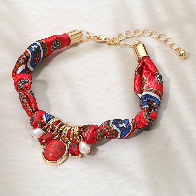 FASHNZFAB Stone Cluster Pearl Charm Boho Fabric Bracelet Red 3