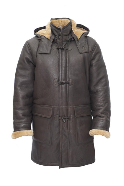 Infinity Mens Sheepskin Leather Hooded Duffle Coat Brown 4XL 3