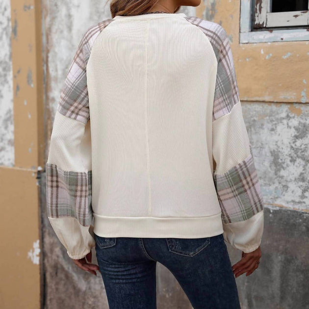 Masyal Plaid Patchwork Sweatshirt Beige Small 4