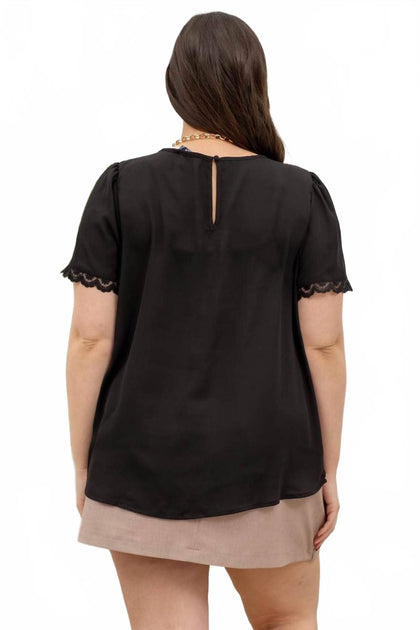 Perch by Blu Pepper Short Sleeve Lace Trim Pleated Top Black 1X 4