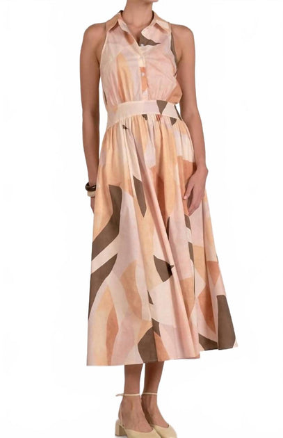 ELAN Prism Print Maxikleid mit Kragen Beige Medium 2