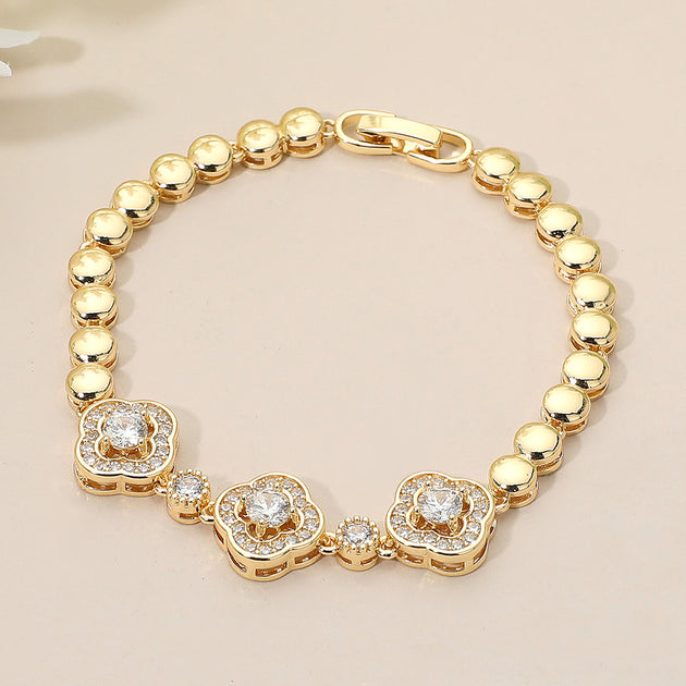 FASHNZFAB Triple CZ Quatrefoil Charm Link Beaded Bracelet Silver One Size 2