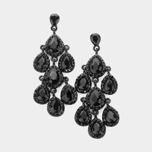FASHNZFAB Teardrop Stone Cluster Chandelier Dangle Earrings Jet Black 2