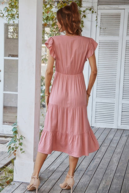 TRUEDAMES V Neck Flutter Sleeve Dress Beige Small 3
