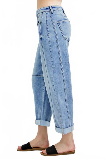 RISEN High Rise Boyfriend Cuffed Barrel Jeans Blue 28 3