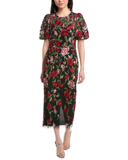 marchesa notte midi dress Roses Tulle - Black Red - Red NA-07.17.25AM neck 3d Floral Midi Bodycon Dress Open Back Hire:8 Day Hire