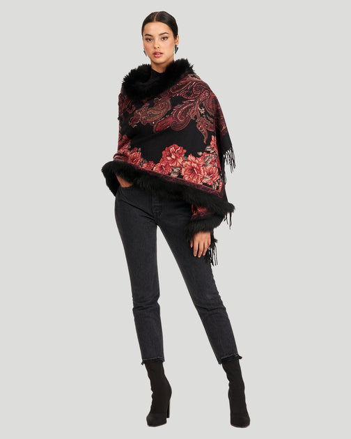 Gorski Printed Cashmere Stole with Fox Trim Red One Size 2