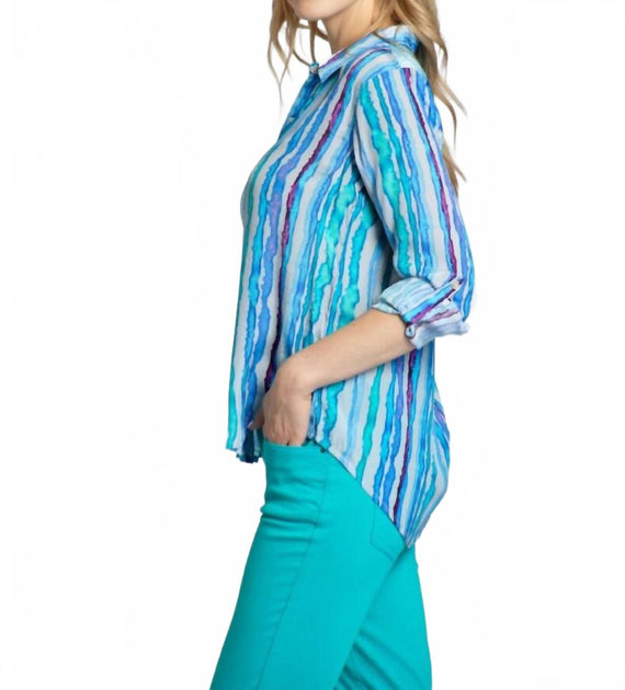 APNY Roll Sleeve Button Up Top Blue Large 4