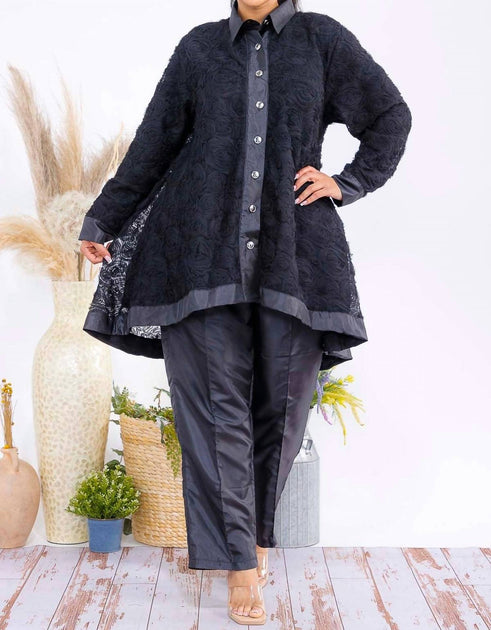 Karen T Design Button Down Tunic And Straight Leg Pant Set Black 1X 2
