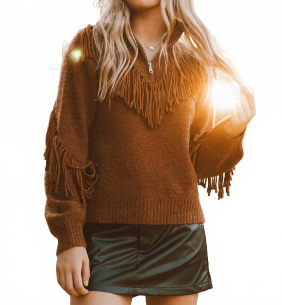 Miss Me Fringe Forever Turtleneck Sweater Brown Medium 4