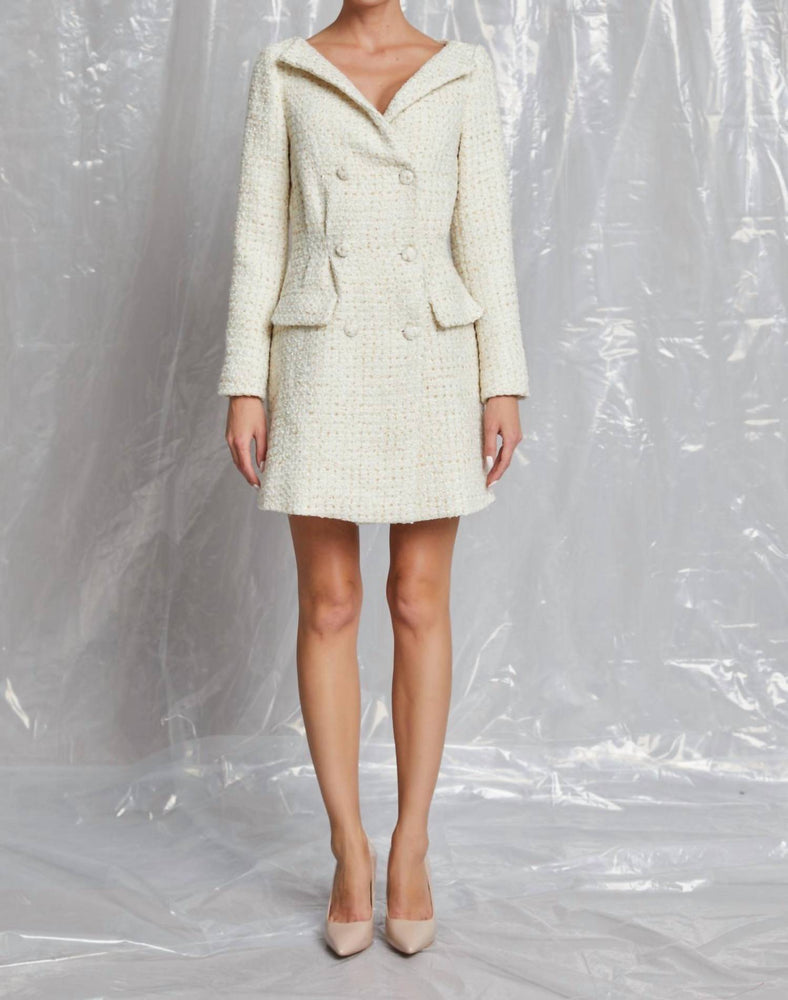 LENA Double Button Up Tweed Dress In Gold, Ivory