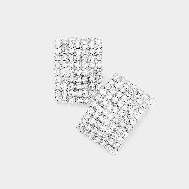 FASHNZFAB Rectangular Rhinestone Paved Earrings Silver 5