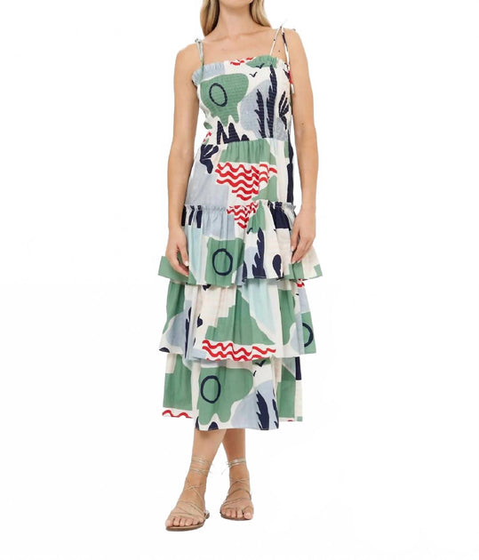 Oliphant Smocked Tie Strap Ruffle Midi Dress Multi Large 2