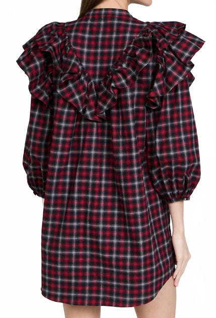 Something Navy Plaid Ruffle Button Up Dress Black XS 3