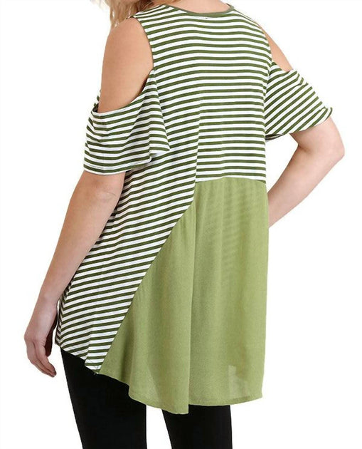 umgee Cold Shoulder Striped Top Green Medium 4