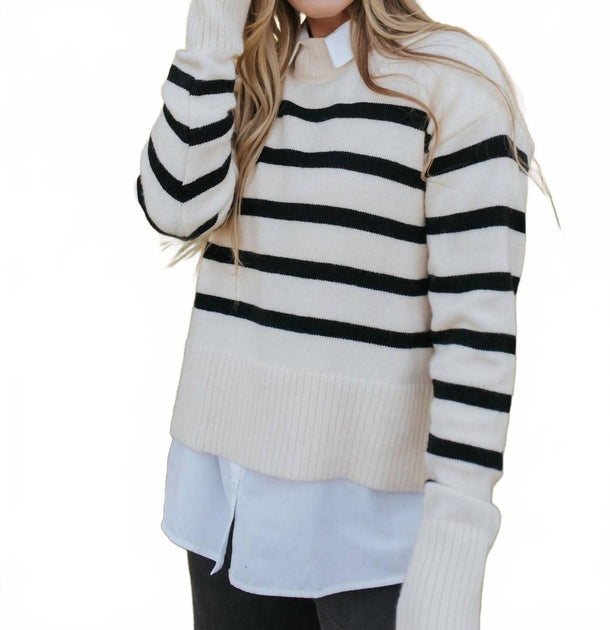 LA MIEL Striped Mock Neck Sweater White Small 2
