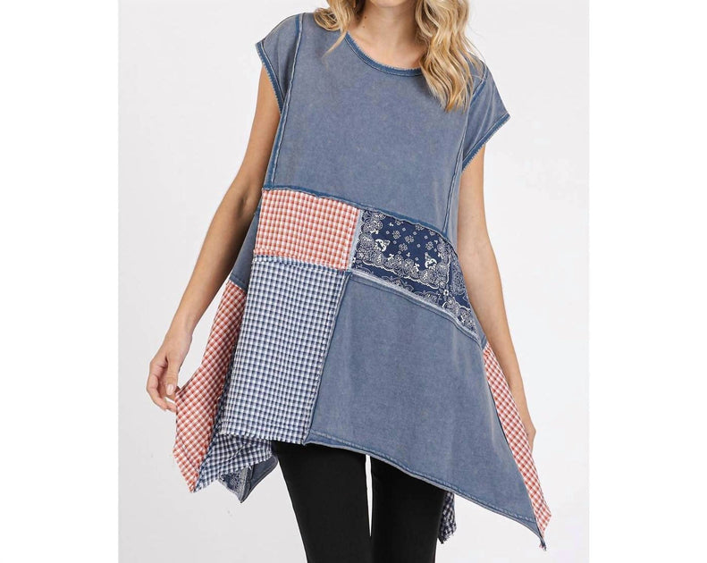 Mittoshop Gingham Patchwork Handkerchief Hem Top Blue Medium 2