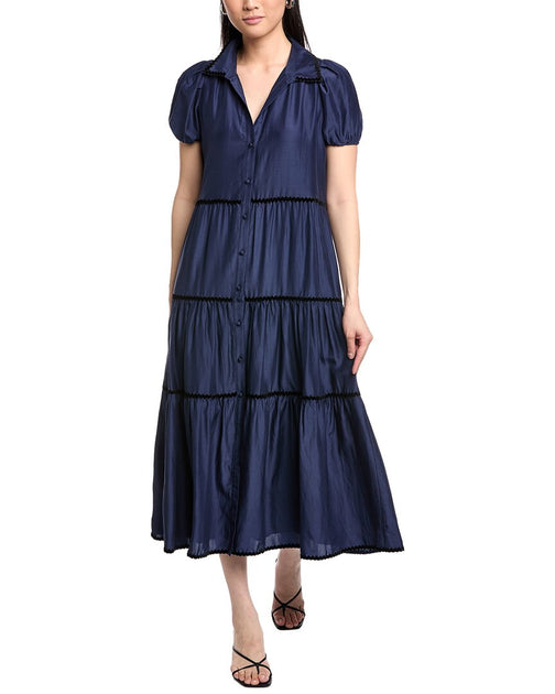 Sail to Sable Button Front Silk-Blend Maxi Shirt Dress Navy XSmall 2