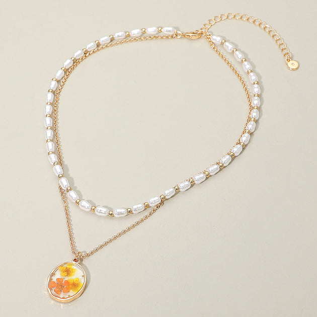 FASHNZFAB Floral Resin Pendant Layered Necklace Gold One Size 3