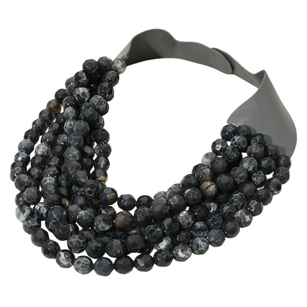 FASHNZFAB Marbled Faceted Ball Beaded Layered Faux Leather Necklace Black One Size 3