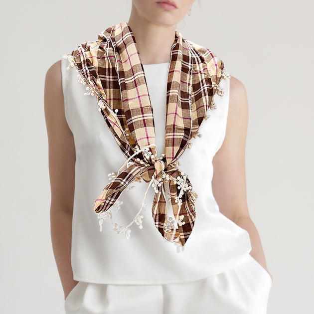 TRUEDAMES Crochet Drop Fringe Plaid Scarf Brown 3