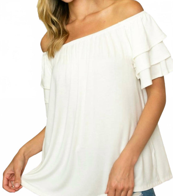 E. Luna Off Shoulder Tiered Ruffle Top White Large 3