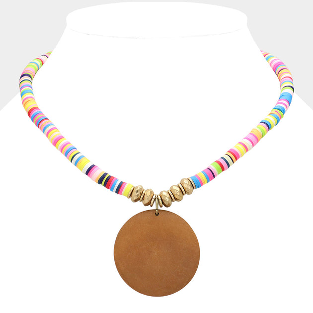FASHNZFAB Round Wood Pendant Disc Bead Necklace Gold 5
